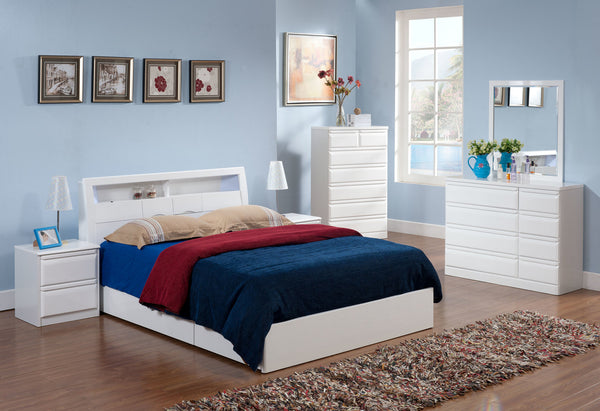 GLOSSY WHITE QUEEN BED WITH SIDE 3 STORAGE- 6 PCS BEDROOM SET