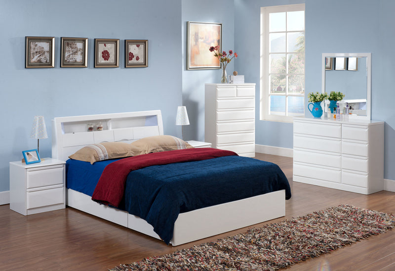GLOSSY WHITE QUEEN BED WITH SIDE 3 STORAGE- 6 PCS BEDROOM SET