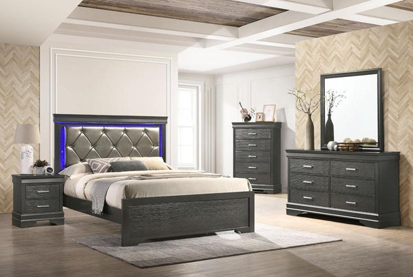 Modern Grey Bed with LED LIGHTS - 6 Pcs Bedroom Set
