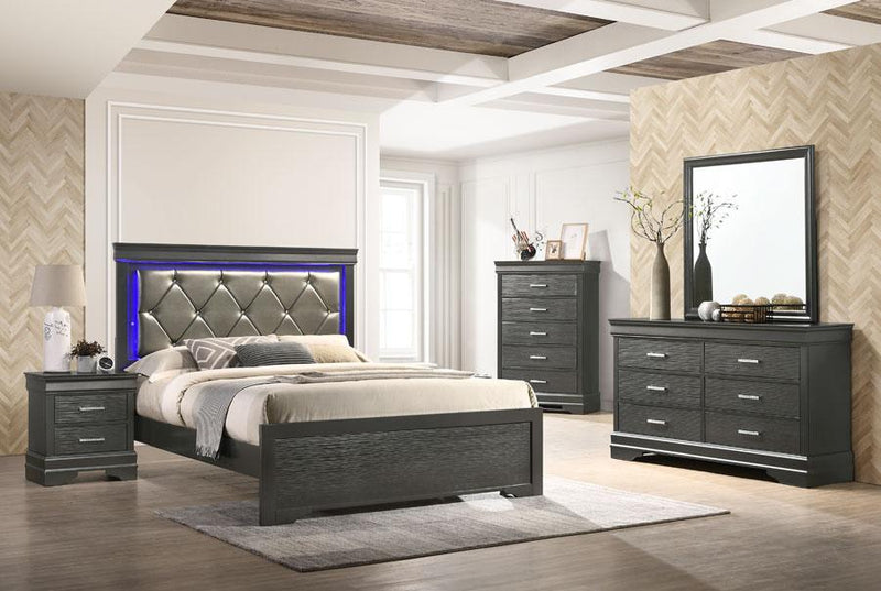 Modern Grey Bed with LED LIGHTS - 6 Pcs Bedroom Set