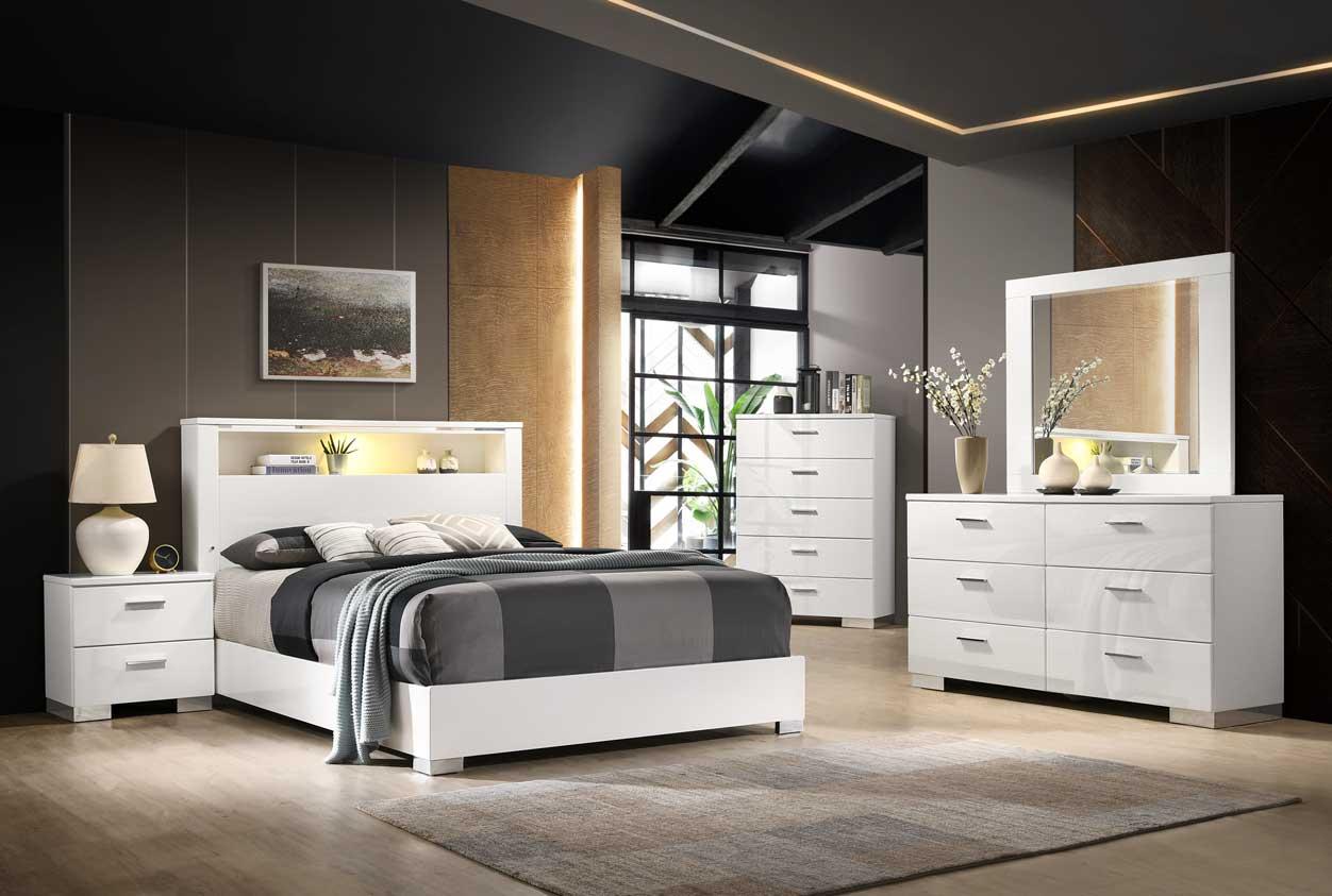 WHITE SOLID WOOD WITH LED LIGHTS - 6 PCS BEDROOM SET